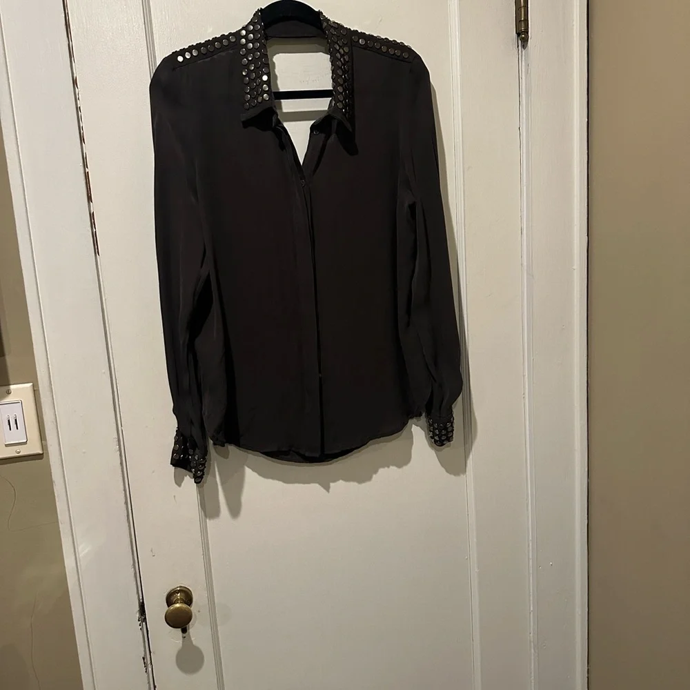 Haute Hippie Gray Button Down Shirt with Silver Studs - Picture 2 of 7